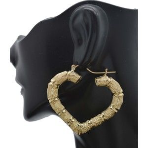 Real 10K Yellow Gold Diamond Cut Heart Bamboo 5.2gr Hoop Earrings
